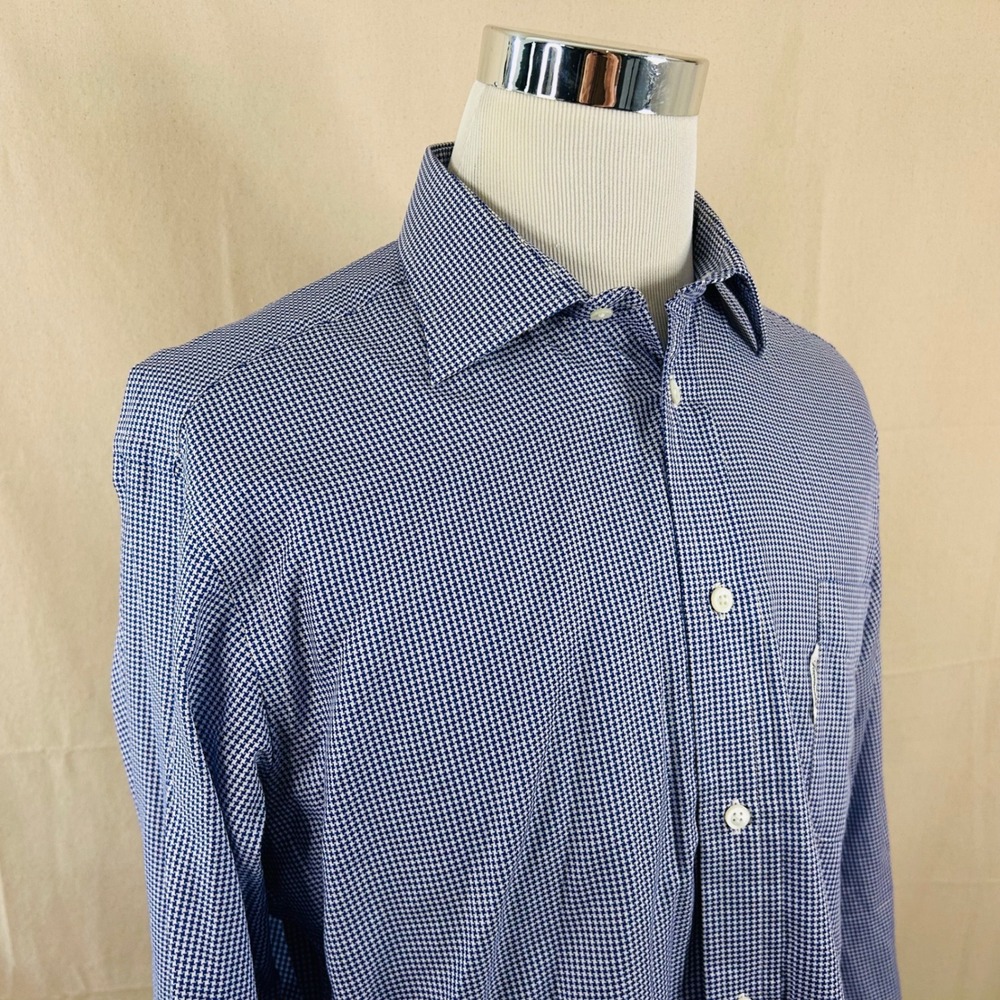 Faconnable 16.5 34/35mDress Shirt Blue Whtie Houndstooth 100% Cotton Mens